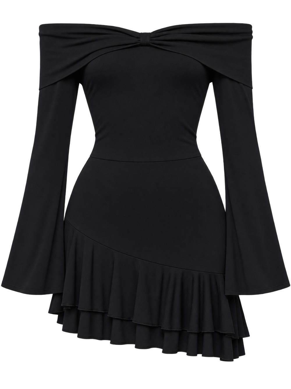 Sugar Thrillz Off-Shoulder Black Ruffle Hem Dress
